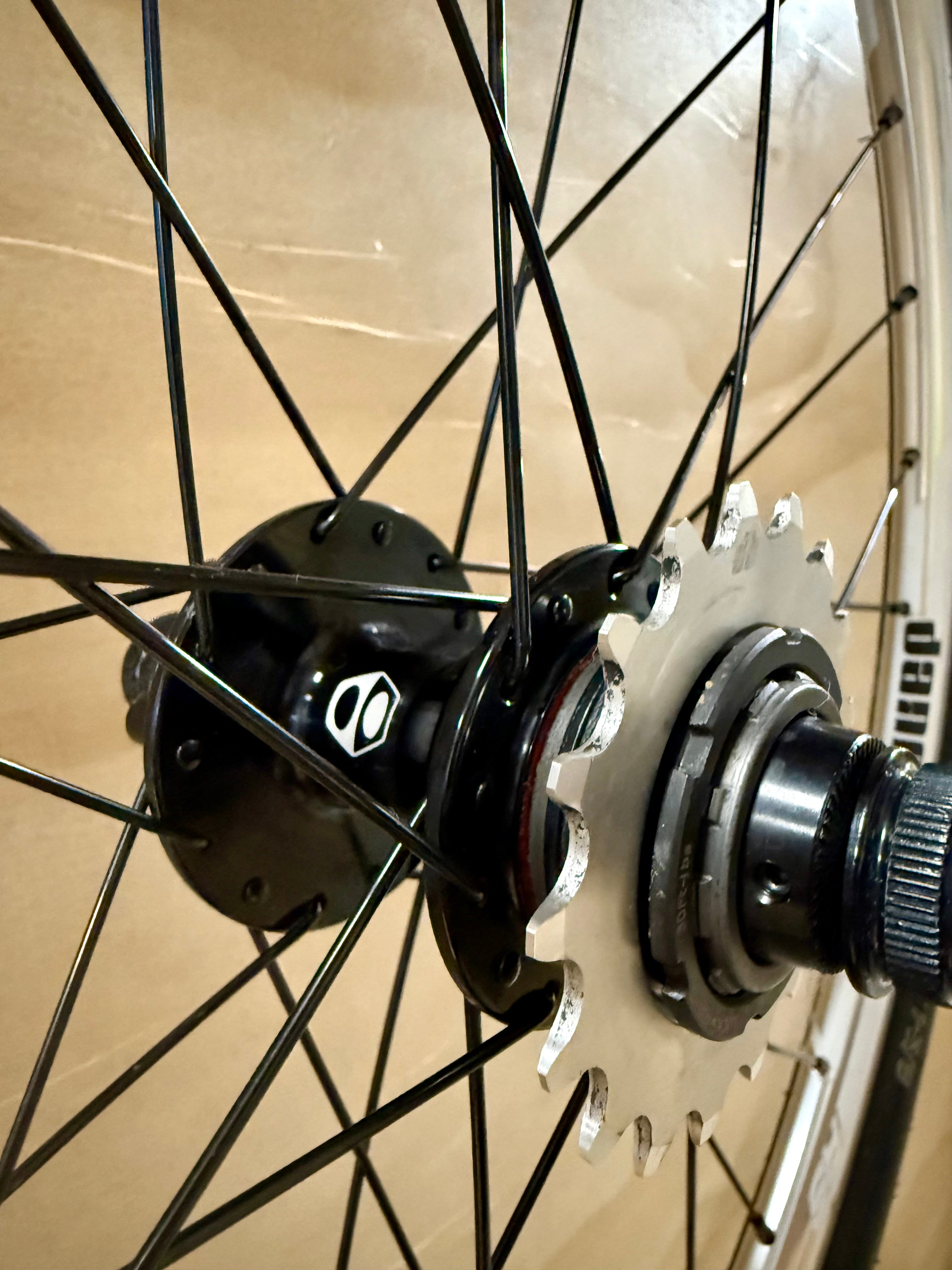 Close-up of a bicycle hub with visible brand logo on a beige background