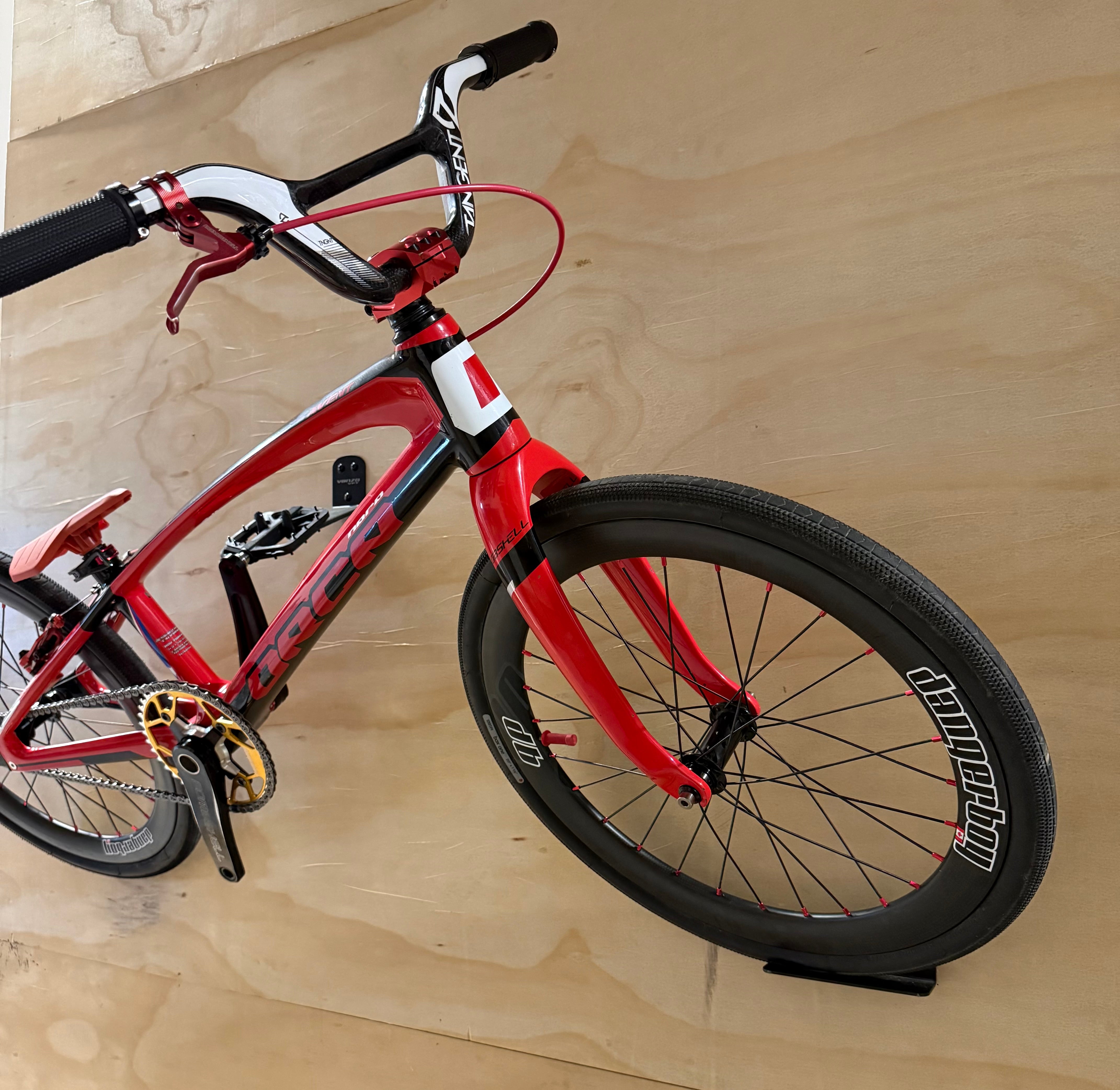 Red bicycle leaning against a wooden wall