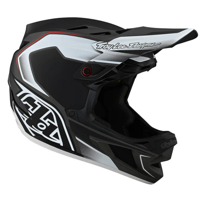 Black and white helmet with red accents on a white background