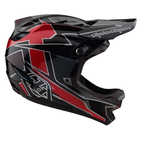 Black and red motocross helmet with visible branding on a white background
