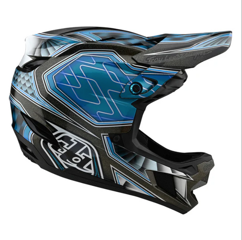 Black and blue motocross helmet with a prominent brand logo on a white background