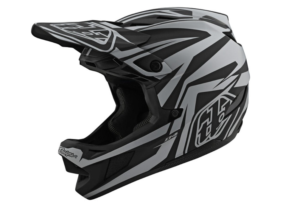 Black and gray motocross helmet with brand logo on a white background