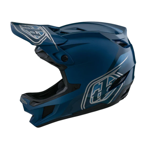 Blue motocross helmet with brand logo on a white background