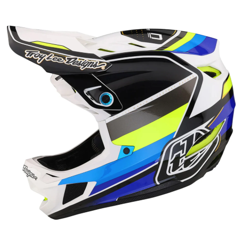 Colorful motocross helmet with visible branding on a white background
