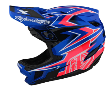 Blue and red motorcycle helmet with Troy Lee Designs branding on a white background