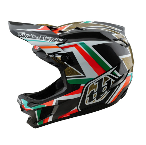 Colorful motocross helmet with visible branding on a white background