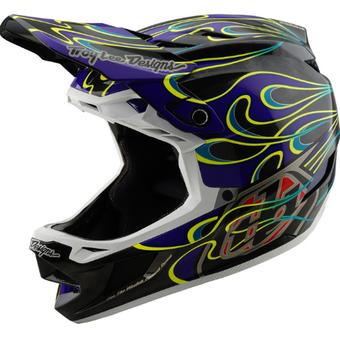 Colorful motocross helmet with flame design on a white background
