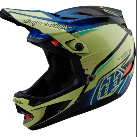 Colorful motocross helmet with Troy Lee Designs branding on a white background