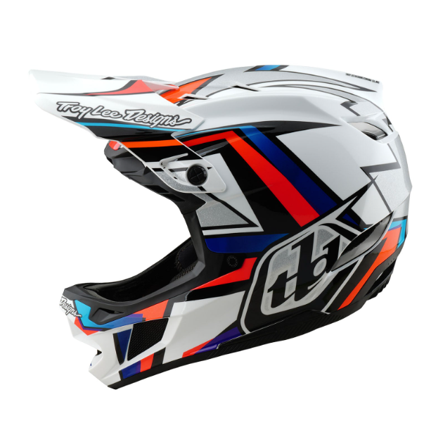 Motocross helmet with colorful design on a white background