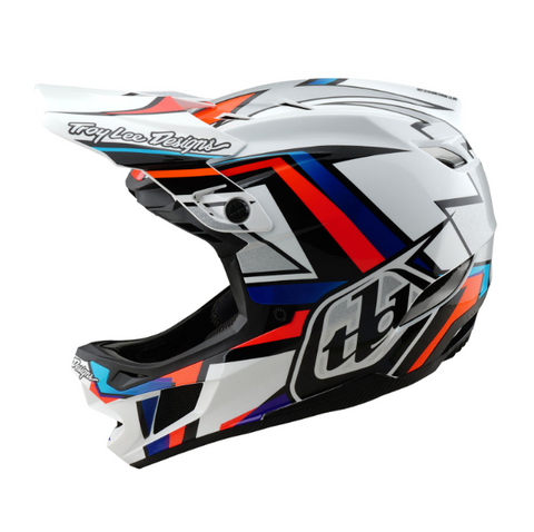 Motocross helmet with colorful design on a white background