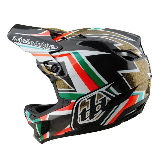 Colorful motocross helmet with branding on a white background