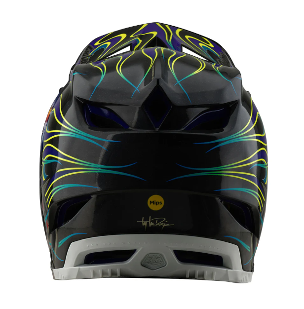 Black motorcycle helmet with colorful flame design on a white background