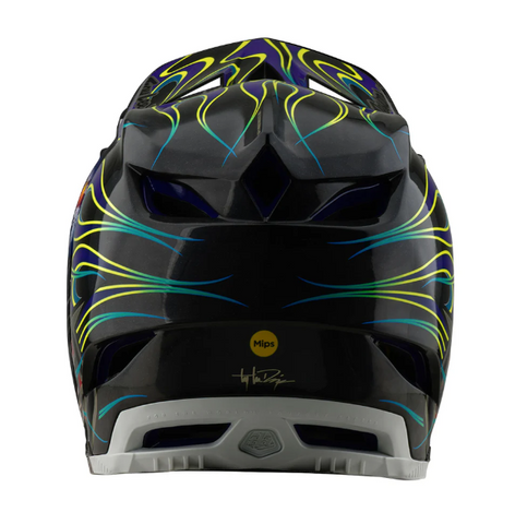Black motorcycle helmet with colorful flame design on a white background
