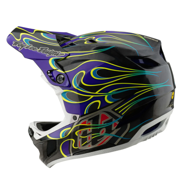 Black motorcycle helmet with colorful flame design on a white background
