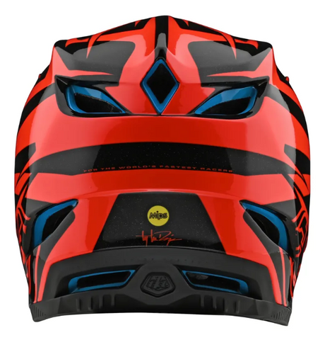 Red, black, and blue helmet with a visible brand logo on a white background