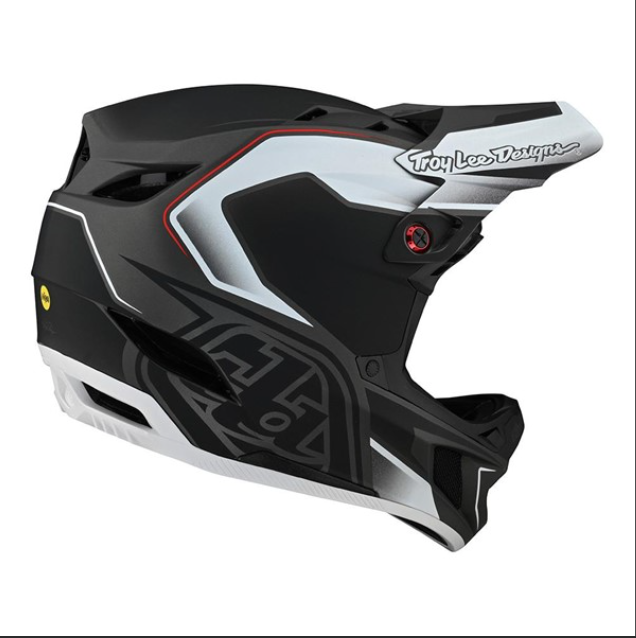 Black and white helmet with Troy Lee Designs branding on a white background