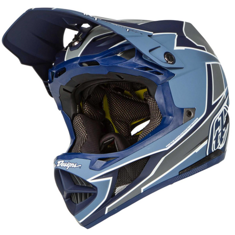 Blue and gray helmet with a white logo on a white background