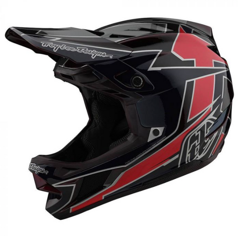 Black and red motocross helmet with Troy Lee Designs branding on a white background