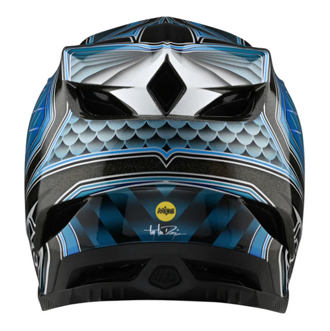Motorcycle helmet with blue and black design on a white background