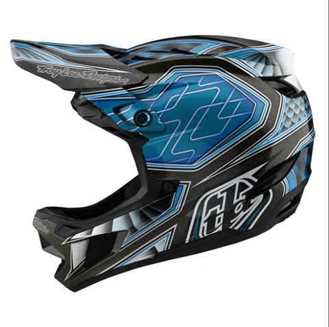 Black and blue motocross helmet with visible branding on a white background