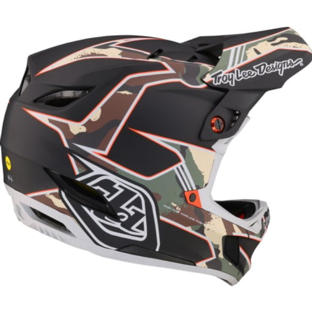 Camouflage-patterned motorcycle helmet with Troy Lee Designs branding on a white background