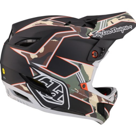 Camouflage-patterned motorcycle helmet with Troy Lee Designs branding on a white background