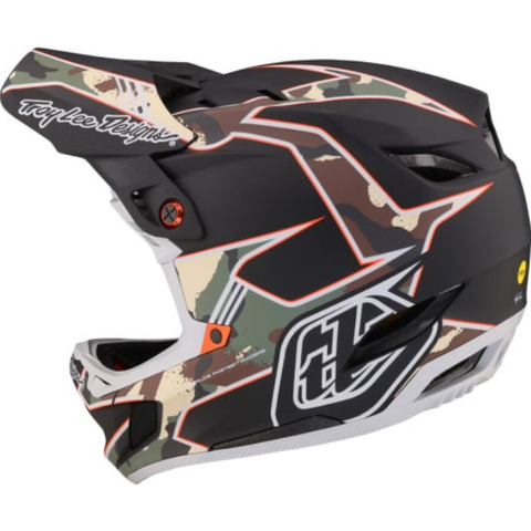 Camouflage-patterned helmet with a brand logo on a white background