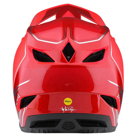 Red motorcycle helmet with MIPS technology logo on a white background