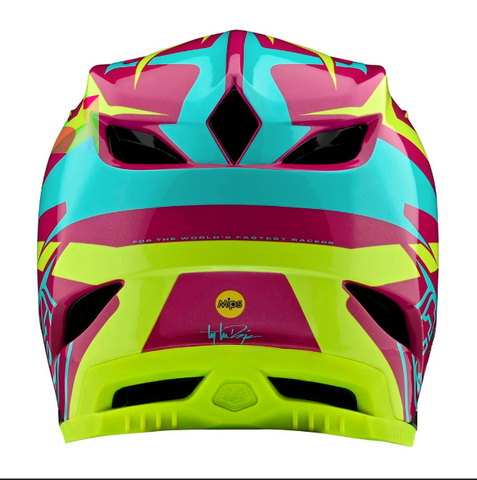 Colorful motorcycle helmet with a vibrant design on a white background