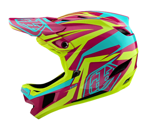 Colorful motocross helmet with a white background