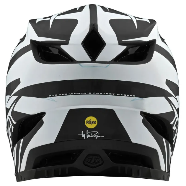 Black and white helmet with a logo on a white background