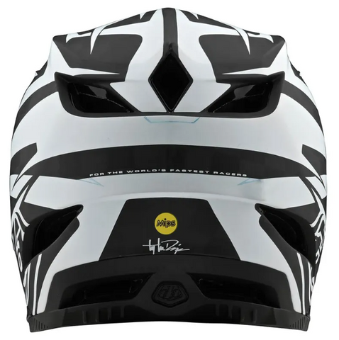 Black and white helmet with a logo on a white background