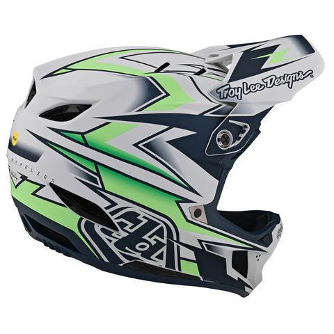 Motocross helmet with green and black design on a white background
