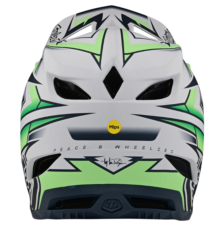 Green and gray helmet with MIPS logo on a white background