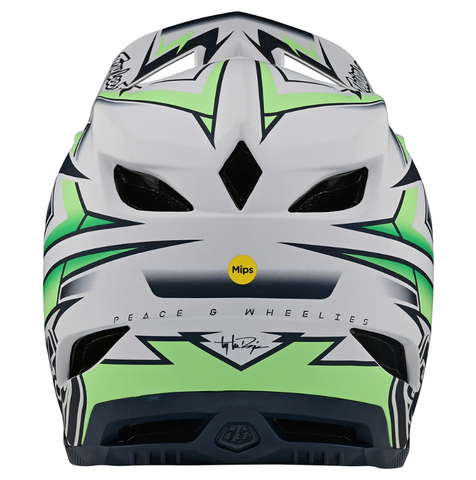Green and gray helmet with MIPS logo on a white background
