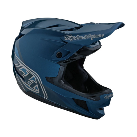 Blue motocross helmet with branding on a white background