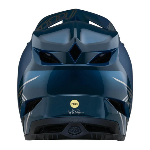 Blue motorcycle helmet with a visible brand logo on a white background