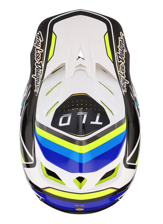 Motocross helmet with colorful design on a white background