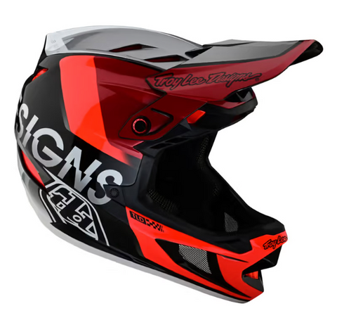 Black and red motorcycle helmet with visible branding on a white background