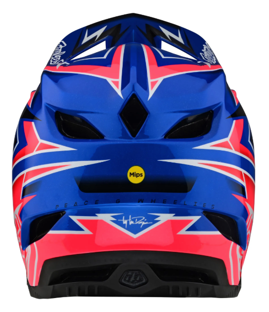 Blue and red motorcycle helmet with a visible Mips logo on a white background