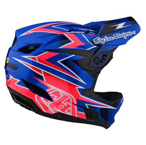 Blue and red motorcycle helmet with Troy Lee Designs branding on a white background