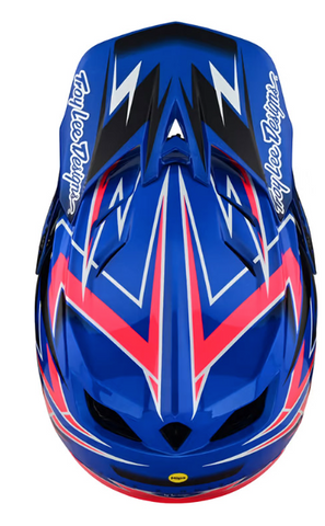 Blue motocross helmet with red and black design on a white background